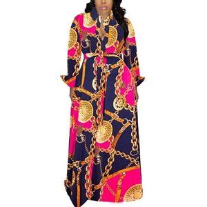 Chains and medallion printed long sleeves modest maxi dress women size XL